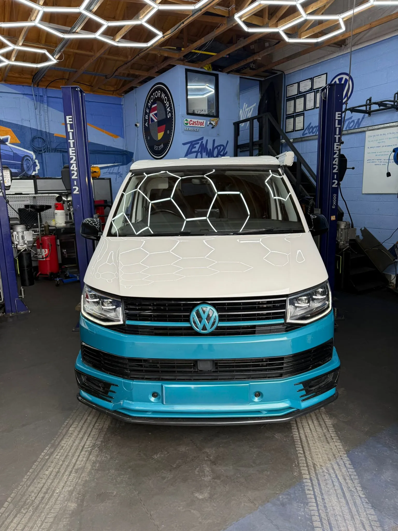 van white and blue