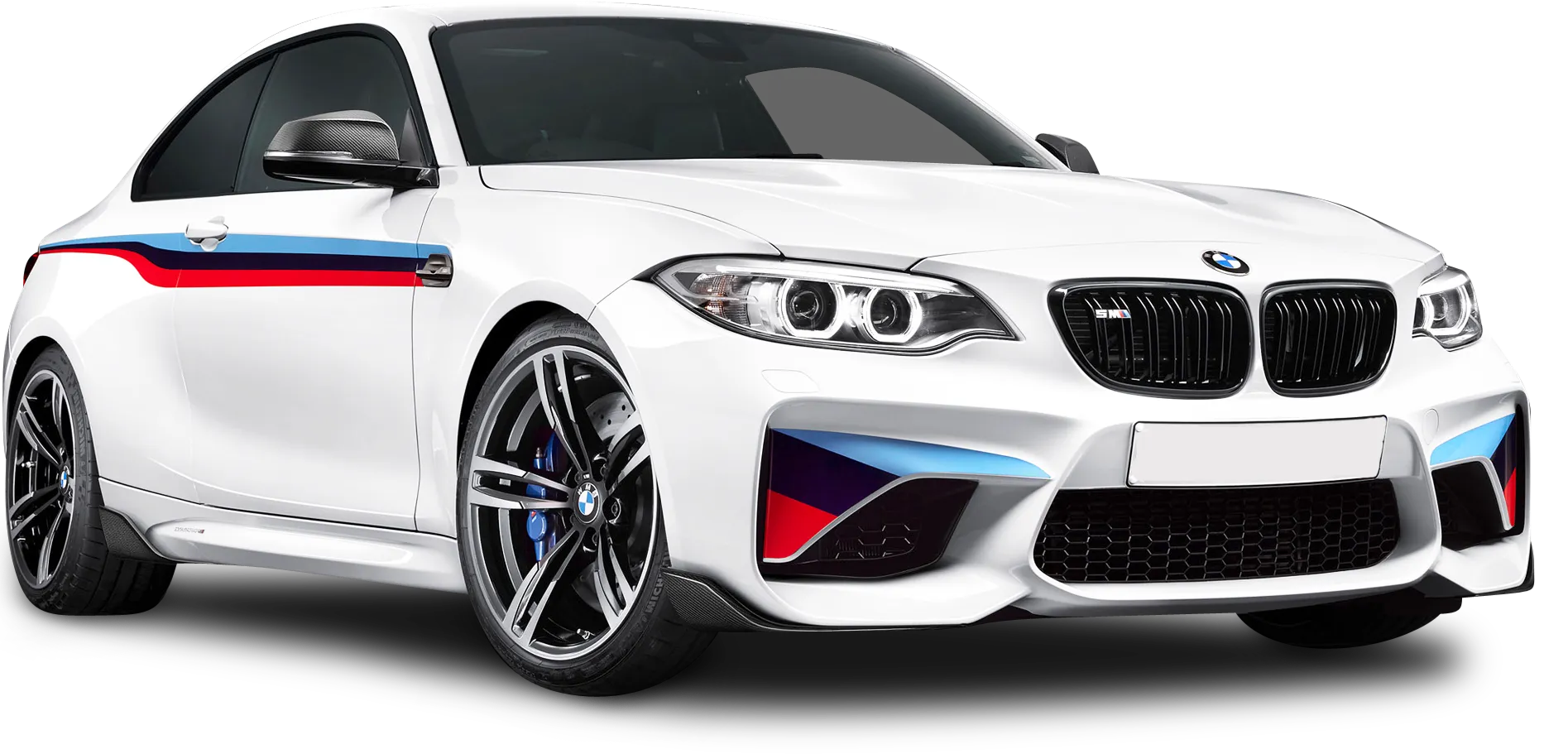 A white bmw car with a red, white, and blue stripe.